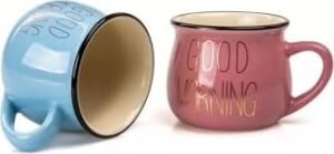 2'li Emaye Görünümlü Porselen Kupa Seti Good Morning Gold Yazılı 150 Ml,pembe & Mavi