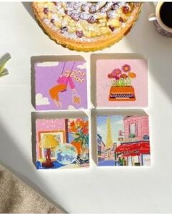 Renkli Retro Desenli Doğal Taş Bardak Altlığı Seti, 4’lü