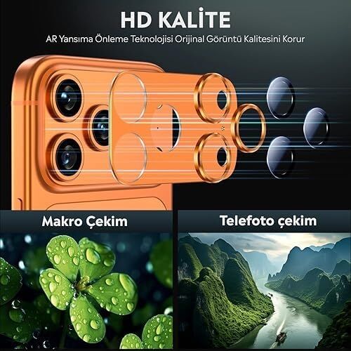 iPhone Uyumlu Full Kamera Lens Koruyucu Darbe Dayanıklı Temperli Cam Tam Koruyucu Kamera Lens Cam Film Çizilme Önleyici (Turuncu, iPhone 17 Pro)
