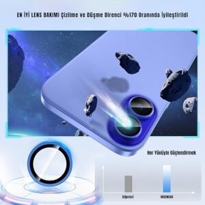 Madnova iPhone 16/16 Plus Için Kamera Koruyucu Alüminyum Alaşım Çerçeveli Tempered Glass iPhone Kamera Lens Koruyucu (Mavi)
