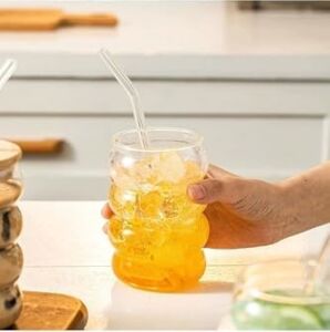 2 Adet Şeffaf Cam Pipetli Ahşap Kapaklı Isıya Dayanıklı Şeritli Boğumlu Bardak – Kahve ve Meyve Suyu Için