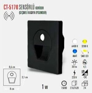 CT-5170 1 Watt Siyah Kasa Sensörlü Koridör Armatürü Beyaz