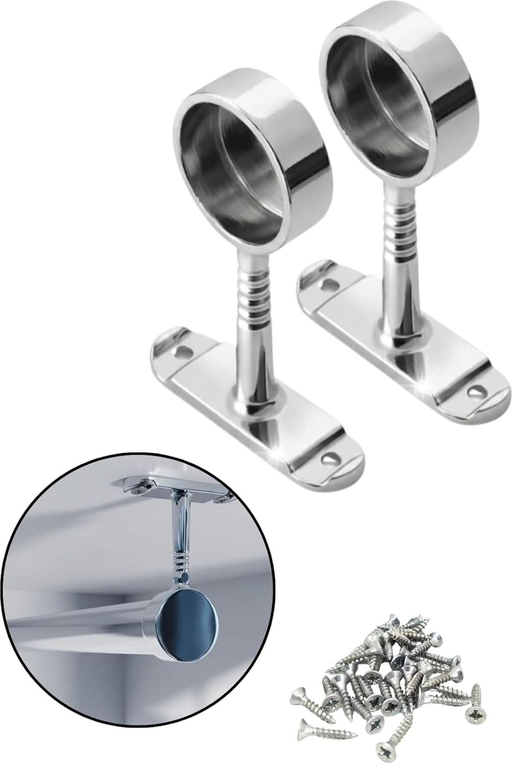 Krom Yuvarlak Mobilya Boru Askı Flanşı, Dolap Elbise Gardırop Askılık Borusu Aparatı, Metal, 2 Adet