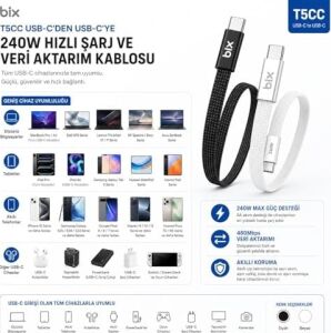 T5CC-BK Siyah 1 Metre 240W Type-C To Type-C Örgülü Hızlı Şarj ve Data Kablosu, 480MBPS 240W Type C Turbo Şarj Kablosu, (Tüm Type C Telefon ve Tabletlerle Uyumludur) (Max 48V 5A)