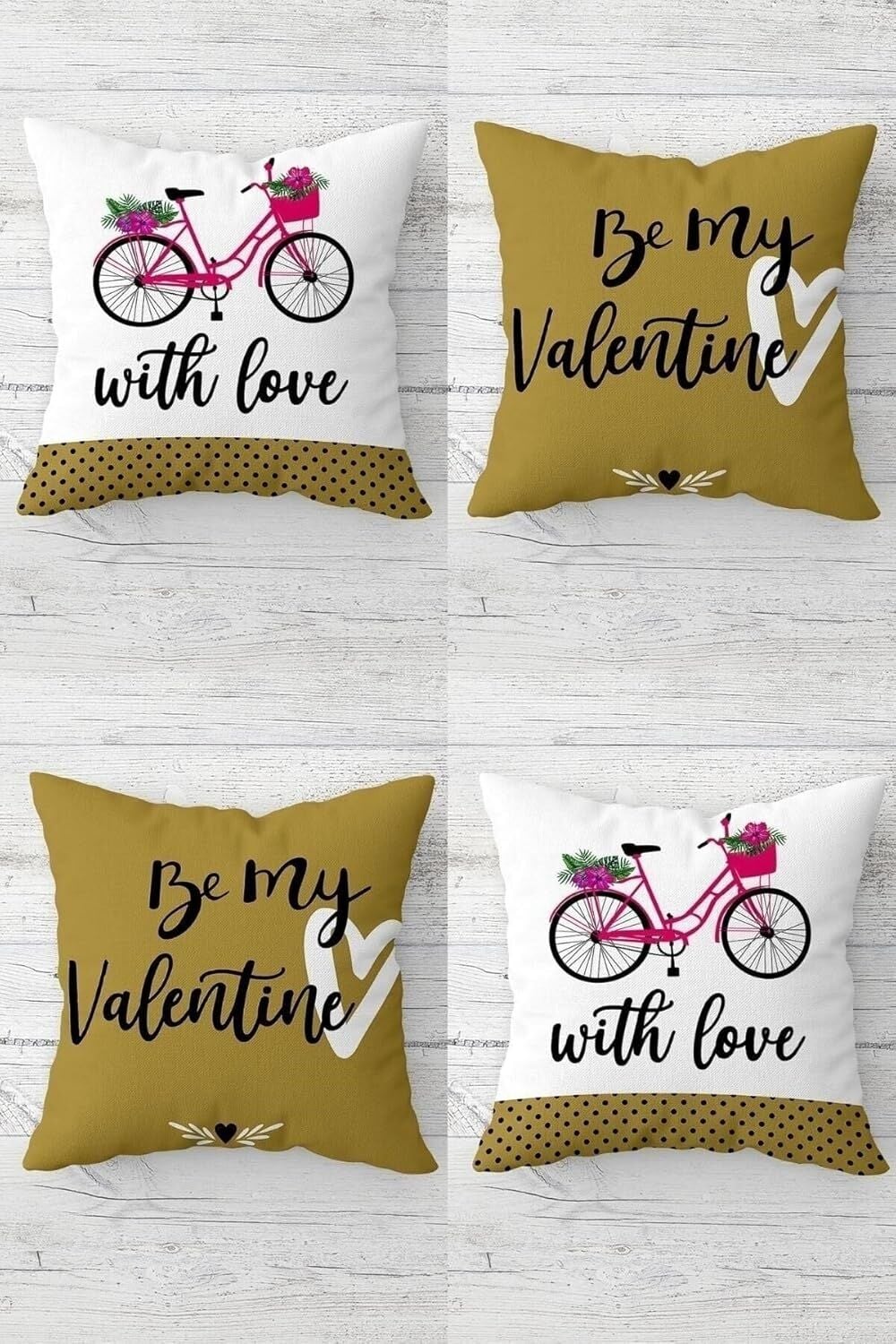 Be My Valentine Sevgili Bisiklet Gizli Fermuarlı Kırlent Kılıfı Koltuk Yastık Kılıfı TAKIM(4ADET), Haki-Beyaz 43 x 43