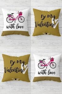 Be My Valentine Sevgili Bisiklet Gizli Fermuarlı Kırlent Kılıfı Koltuk Yastık Kılıfı TAKIM(4ADET), Haki-Beyaz 43 x 43