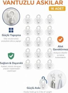 Şeffaf Cam Vantuzlu Askı Seti 16’lı, 3 cm x 3 cm Kompakt Tasarım, 3 cm Çap Güçlü Vakumlu Yapışma, Delme ve Vidalama Gerektirmez, Iz Bırakmadan Sökülebilir, Banyo Mutfak Duş Camı Fayans Için Uygun