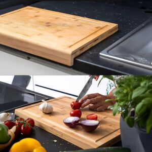 Tezgah Üstü Bambu Kesme Tahtası, Kaymaz Ekmek Tahtası, Kenarlı Kesme Tepsisi Orta Boy (35CM*25CM) - Tezgah Üstü Bambu Kesim Panosu Antibakteriyel ve Hijyenik, Dayanıklı ve Sağlam.