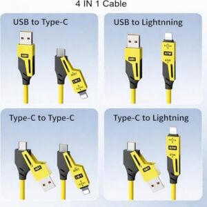 4’ü 1 Arada 65W Yaylı Hızlı Şarj Kablosu Type-C & Lightning Pd Destekli, Dolaşmaz Spiral Tasarım, 1.5m Uzayabilir, Araç & Ev Uyumlu Şarj ve Veri Kablosu (Siyah)