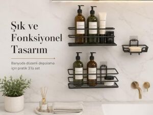 Siyah 3’lü Yapışkanlı Banyo Seti, 2 Raf ve 1 Kancalı Sabunluk, Duvar Tipi Şampuanlık ve Banyo Organizer, Delmeden Kolay Montajlı Banyo Raf Seti