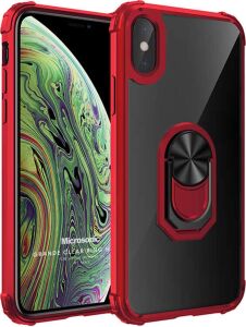 Apple iPhone x Için Kılıf Grande Clear Ring Holder Kırmızı [iphone x ile Uyumlu Kılıf - Kırmızı]