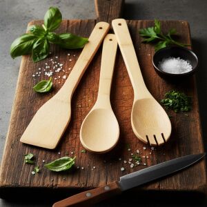 3'lü Bambu Mutfak Gereç Seti – Doğal Ahşap Spatula, Kaşık ve Servis Çatalı | Yapışmaz Tencere Dostu, Antibakteriyel ve Isıya Dayanıklı Ahşap Mutfak Seti (30 Cm)