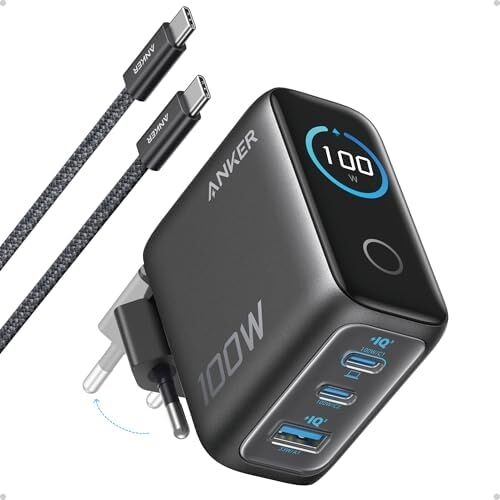 Şarj Cihazı, 100W Maksimum Güç, Kompakt, 3 Bağlantı Noktalı, Gan Usb-C Şarj Bloğu, Akıllı Ekran ve Dokunmatik Kontrol, Siyah - B121B
