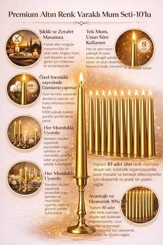 Gold Renk Ince Şamdan Mum Seti,25 cm Uzunluk,10’lu Paket, Dekoratif Taper, Şık Masa, Davet ve Özel Gün Dekorasyonu Için