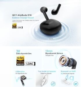 Qcy Ailybuds E10 Bluetooth Kulaklık - Hires - Ldac - Çift Cihaz - Oyun Modu 4 Mics Enc Kulakiçi Kulaklık Siyah