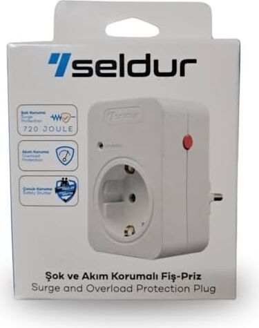 Şok ve Akım Korumalı Fiş-Priz, 16A-250V, Max 3600W 720 Joule, Reset Edilebilir, Sürekli Koruma, Toprak Hatlı, Çocuk Korumalı, Beyaz Renk, E1TD33B