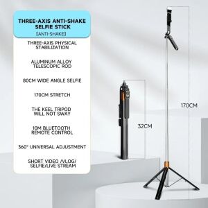 3 Eksen Anti Shake Stabilizasyonlu Selfie Çubuğu Tripod 170 cm Uzatılabilir Alüminyum Gövde 10 M Bluetooth Kumanda 360° Ayar 1/4 Vida Kamera Vlog Canlı Yayın | NP-L6S