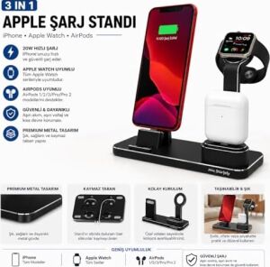 3'ü 1 Arada iPhone & Apple Watch & Airpods Şarj Standı Uyumlu– Metal Çoklu Şarj Istasyonu, 20 w Adaptörlü Hızlı Şarj, 2 m Lightning/usb‑c Kablo, Masaüstü Telefon Standı Siyah