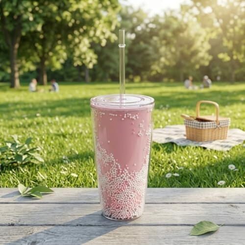 Pipetli Çift Katmanlı Soğuk Içecek Bardağı – Boncuklu Tasarımlı Kapaklı Pipetli Bardak 20 Cm, Smoothie ve Soğuk Içecekler Için Yeniden Kullanılabilir Bardak