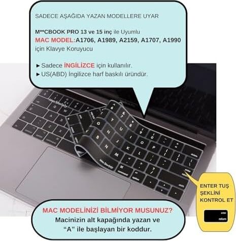 Us Ingilizce Klavye Koruyucu MacBook Pro 13 15 Touch Bar Uyumlu A1706 A1989 A2159 A1707 A1990 | Amerikan Düz Enter Ansı | Silikon Keyboard Cover Siyah