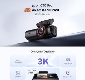 C10 Pro 3k UHD Hdr Wifi Ekranlı Araç Kamerası 170 Derece Geniş Açı Gece Görüş G-Sensörlü Araç Içi Kamera