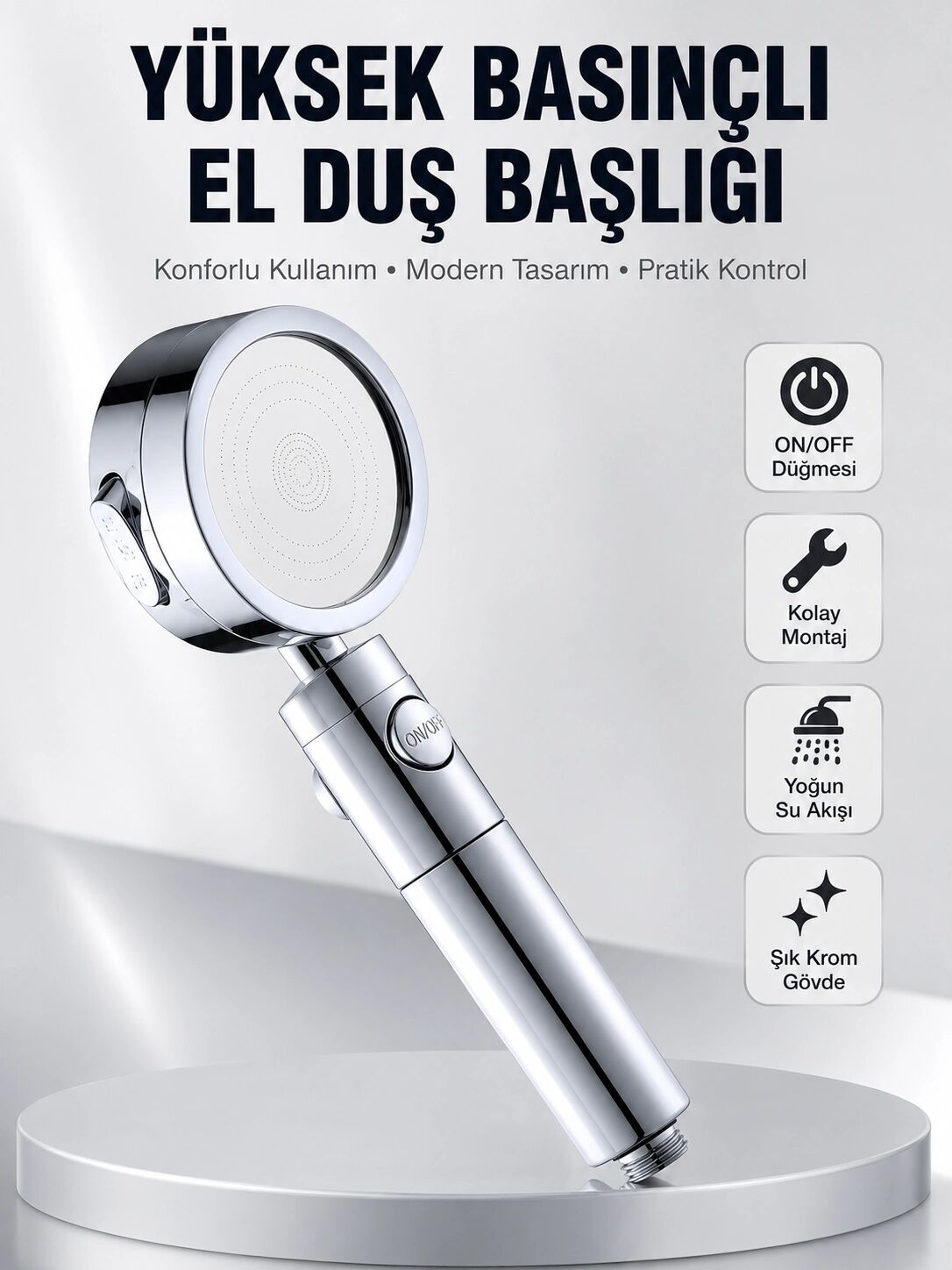 Kolay Montajlı 3 Modlu Yüksek Basınç Duş Başlığı