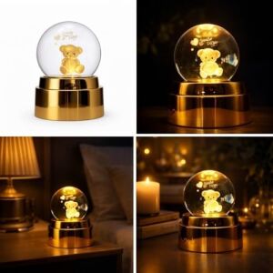 Smile Day 3D Kristal Top Gece Lambası, Teddy Bear Figürlü, Altın Rengi Tabanlı, LED Aydınlatmalı, Sevgiliye Hediye
