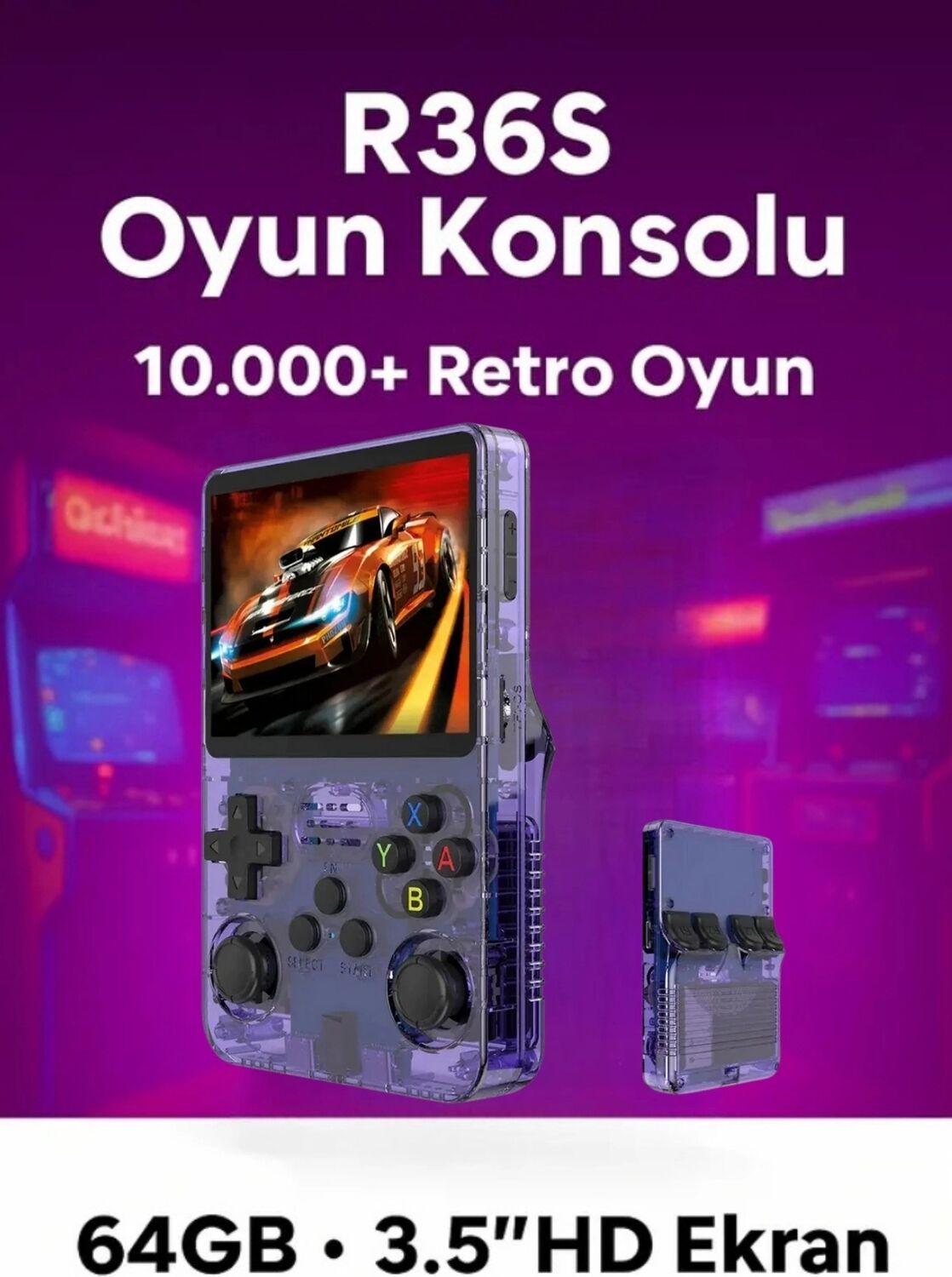 Mor Renkli Mini Retro Oyun Konsolu, 64GB Hafıza ve IPS Ekran ile 10.000 Oyun Sunar