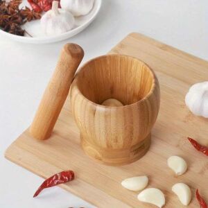 Bambu Havan ve Tokmak Seti, Büyük Boy Mutfak Havanı, Baharat ve Sarımsak Öğütücü ve Döveceği