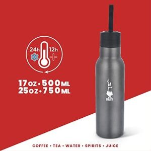 Bialetti - Termal Şişe - 500ML - Koyu Gri Renk - Paslanmaz Çelik - Çift Katmanlı - 12 Saat Sıcak 24 Saat Soğuk Tutar - Hava Geçirmez Vidalı Kapak Özelliği - Özel Silikon Conta Sayesinde Sızdırmaz Şişe