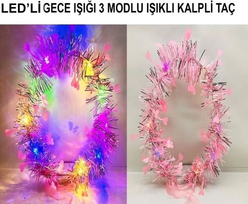 Kalp Püsküllü 3 Modlu LED Işıklı Taç Pembe Renk