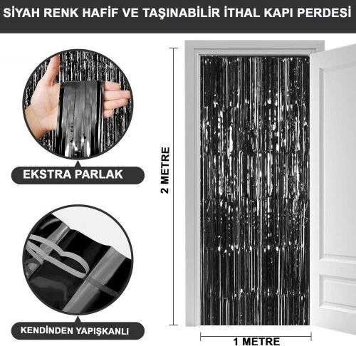 Ekstra Metalize Parlak Saçaklı Arka Fon Perde Siyah