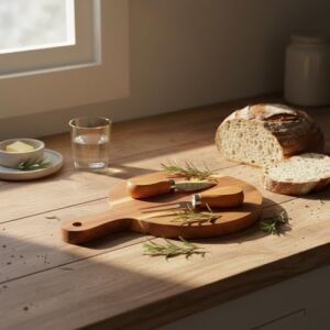 Doğal Akasya Peynir Sunum Tahtası ve Servis Seti – 25X17 cm Saplı Mini Kesme Tahtası, Yanında Özel Bambu Saplı Peynir Bıçağı ve Çatalı Ile (3 Parça)