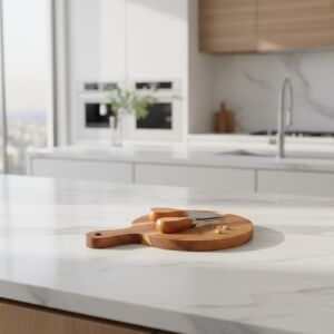 Doğal Akasya Peynir Sunum Tahtası ve Servis Seti – 25X17 cm Saplı Mini Kesme Tahtası, Yanında Özel Bambu Saplı Peynir Bıçağı ve Çatalı Ile (3 Parça)