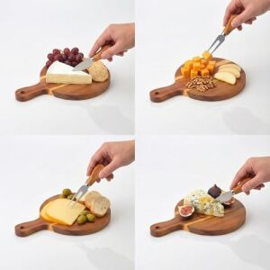 Doğal Akasya Peynir Sunum Tahtası ve Servis Seti – 25X17 cm Saplı Mini Kesme Tahtası, Yanında Özel Bambu Saplı Peynir Bıçağı ve Çatalı Ile (3 Parça)