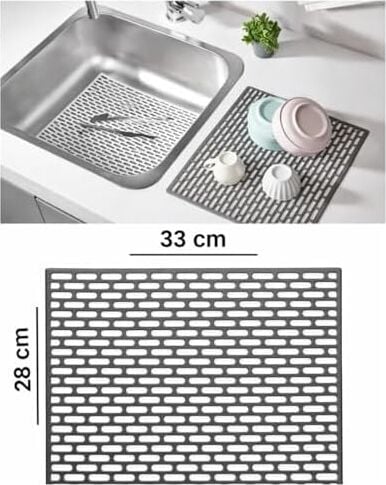 Silikon Kaydırmaz Lavabo Paspası, Gri, 33X28 Cm, Delikli Tasarım, Mutfak ve Banyo Için Su Geçiren Tezgah Koruyucu Mat