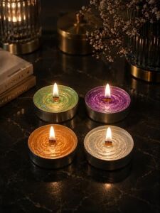Sedefli Ahşap Fitil Tealight Mum Seti 20 Adet - Sandal Ağacı Kokulu, Yeşil, Sarı, Mor, Gri Renkli