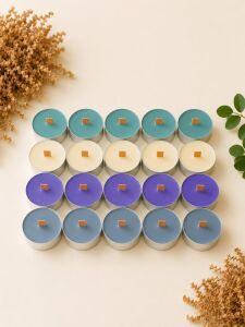 Sedefli Ahşap Fitil Tealight Mum Seti 20 Adet - Sandal Ağacı Kokulu, Yeşil, Sarı, Mor, Gri Renkli