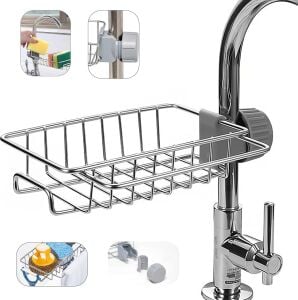 Mutfak Organizeri Tek Kat Demir Raf, Musluğa Klipsli Paslanmaz Çelik Evye Düzenleyici, Delmesiz Kurulum, Açık Drenajlı Süngerlik, Askılı Lavabo Içi Raf, Paslanmaz ve Dayanıklı Evye Organizeri