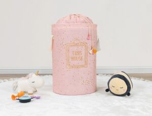 Baby Kullanımı Kolay Desenli Taşınabilir Torbalı Yuvarlak Sepet(Pembe) Çamaşır Sepeti 04270