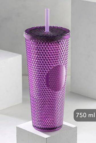 Kristal Desen 750 ml Pipetli Soğuk Içecek/kahve Bardağı Mor