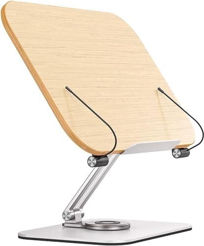 Profesyonel Kitap Okuma Tutucu Ders Çalışma Sunum Standı Kaliteli Karbon Çelik ve Ahşap Malzeme 360 Derece Döner Yüksekliği ve Açısı Ayarlanabilir Tablet Tutucu Kullanım TM13 Açık Kahve