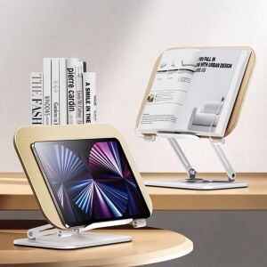 Profesyonel Kitap Okuma Tutucu Ders Çalışma Sunum Standı Kaliteli Karbon Çelik ve Ahşap Malzeme 360 Derece Döner Yüksekliği ve Açısı Ayarlanabilir Tablet Tutucu Kullanım TM13 Açık Kahve