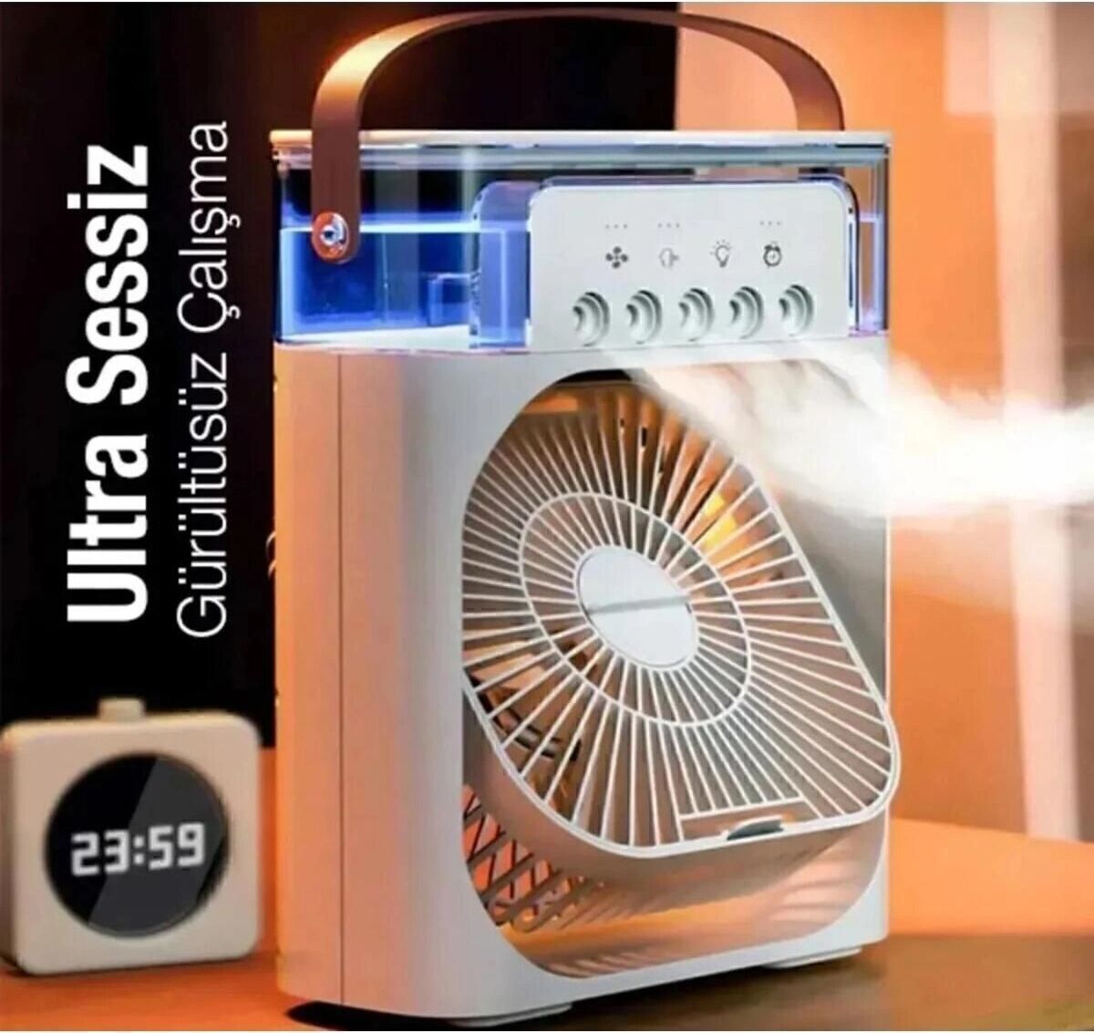 Masaüstü Taşınabilir Buzlu Soğutucu Vantilatör, Su Soğutmalı ve LED Işıklı Beyaz Fan