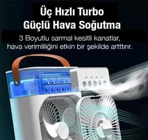 Masaüstü Taşınabilir Buzlu Soğutucu Vantilatör, Su Soğutmalı ve LED Işıklı Beyaz Fan