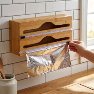 2 Bölmeli Doğal Bambu Folyoluk ve Streç Film Kesici Organizer - Sürgülü Bıçaklı Duvara Monte Edilebilir Çekmece Içi Düzenleyici Pişirme Kağıdı ve Alüminyum Folyo Standı (35,5 x 14 x 7 Cm)