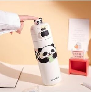 Diller 480ML Sevimli Hayvanlar Süslü Pipetli/pipetsiz El Askılı Paslanmaz Çelik Termos (Panda)