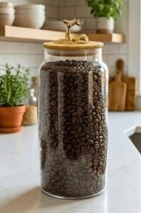 1400 ml Borosilikat Cam Kavanoz - Altın Geyikli Figür Bambu Kapaklı Lüks Saklama Kabı