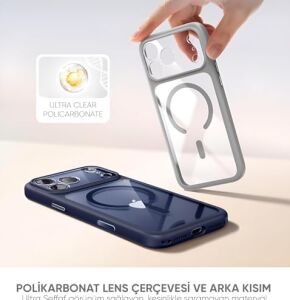 iPhone Için Özel Geliştirilmiş Kamera Çerçevesini Koruyan, Arkası Şeffaf (Parlak) Polikarbonat Kenarları Silikon Magsafe ile Uyumlu Kılıf Akıllı Tasarım Kapak (Gri, iPhone 17 Pro Max)