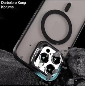 Apple iPhone 11 ile Uyumlu Lens Hediyeli Kamere Korumalı Wireless Şarj Özellikli Standlı Premium Kılıf - Siyah
